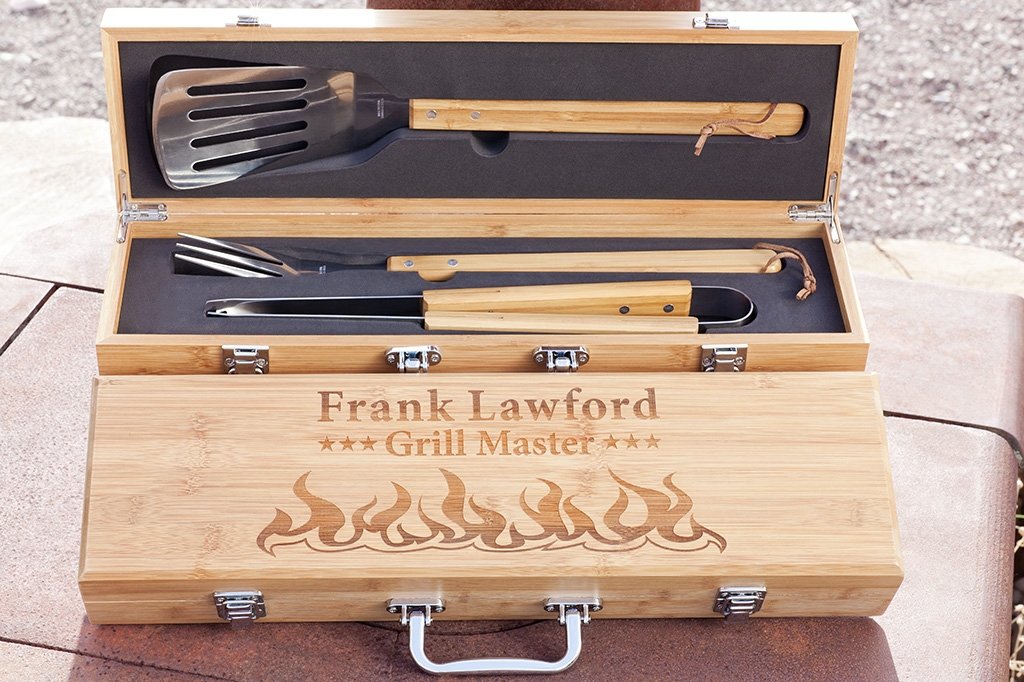 personalized Bamboo BBQ Box with Barbecue Tools included