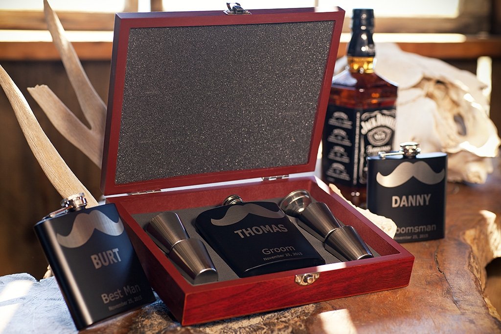 customized Rosewood Gift Box with Mustache Flask