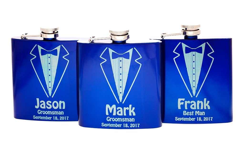 personalized blue Tuxedo Flask for Groom, Best Man, Groomsman