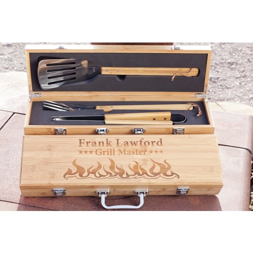 personalized Bamboo BBQ Box with Barbecue Tools included